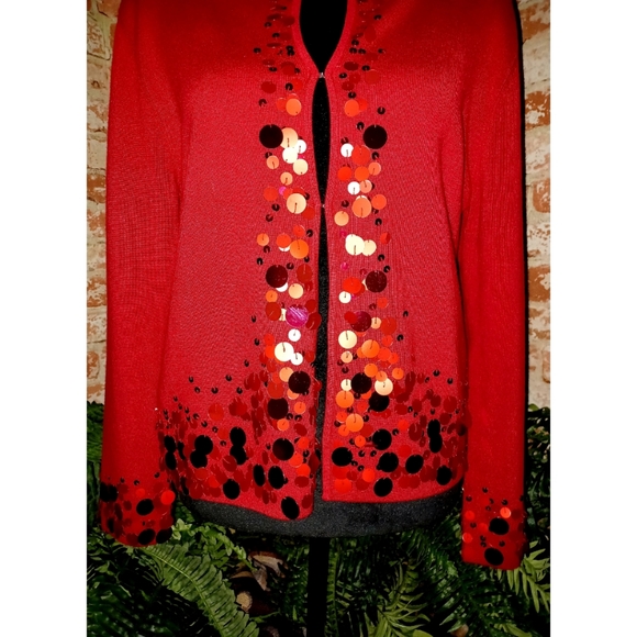 Ruby Rd. Red Sequin Detail Long Sleeve Knit Cardigan - Picture 7 of 16